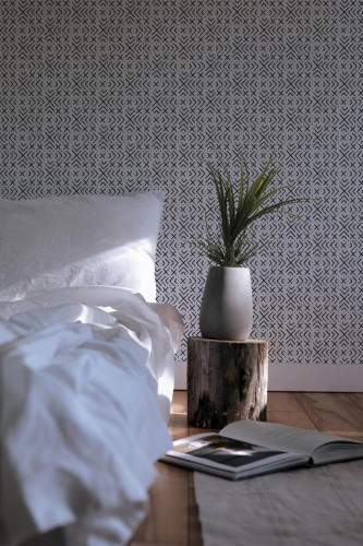 Minimal scandinavian style bedroom decorated with Ethnic ornament peel and stick wallpaper