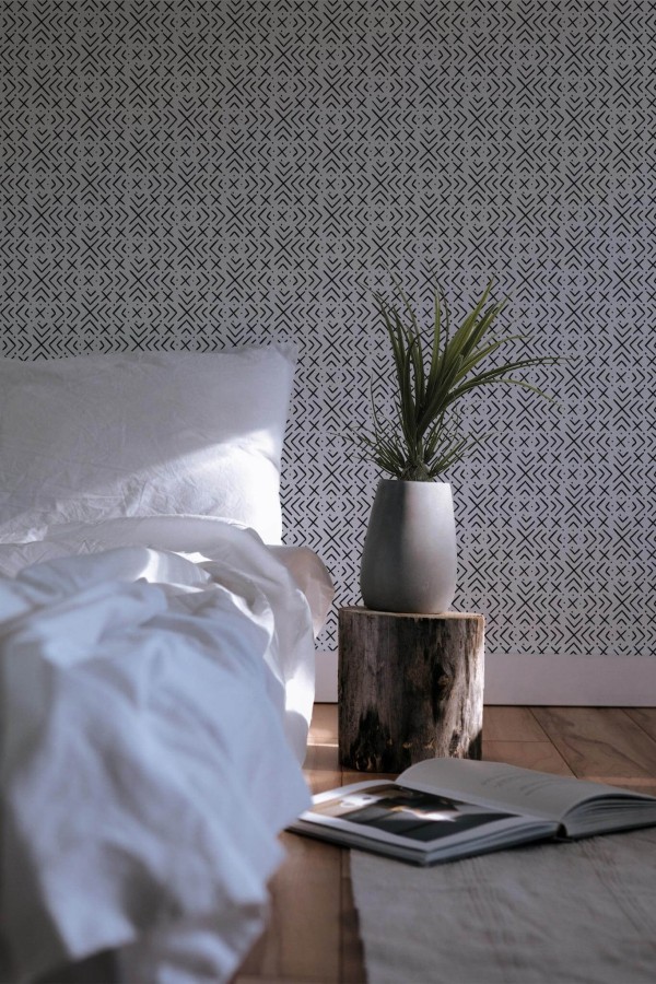 Minimal scandinavian style bedroom decorated with Ethnic ornament peel and stick wallpaper