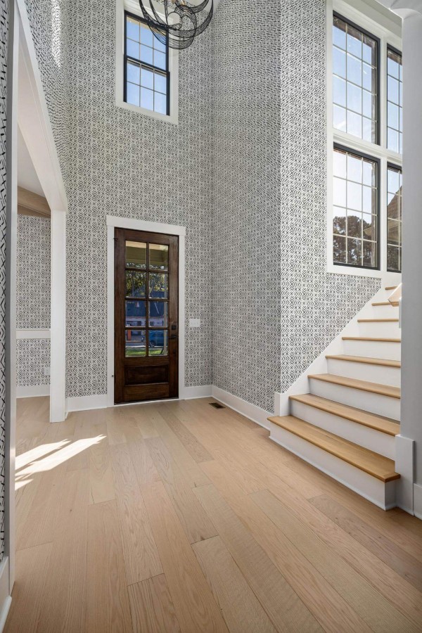 Minimal style entryway decorated with Ethnic ornament peel and stick wallpaper