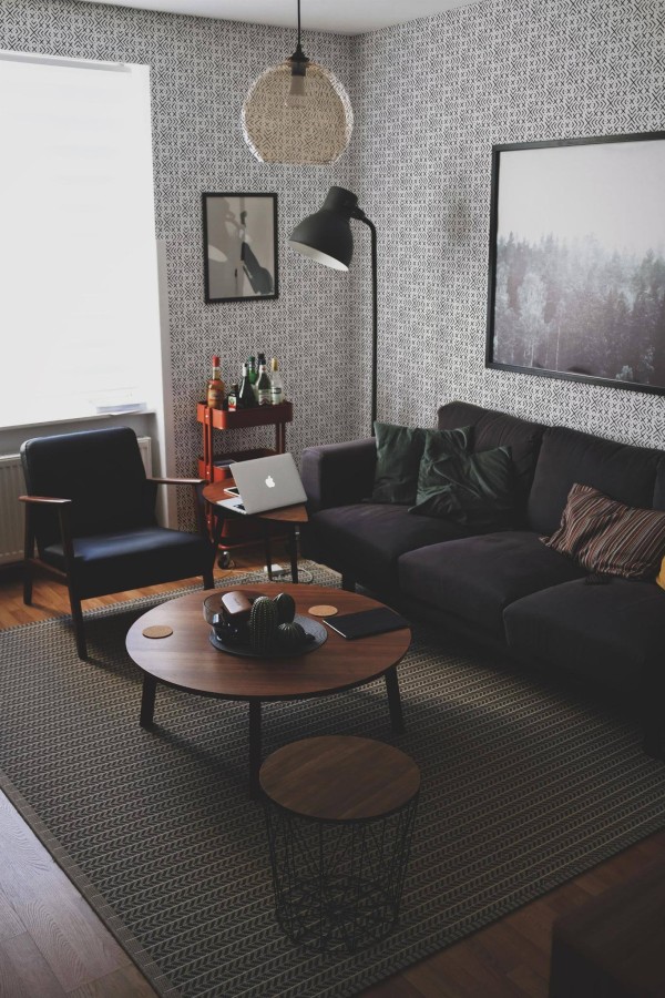 Modern dark industrial style living room decorated with Ethnic ornament peel and stick wallpaper
