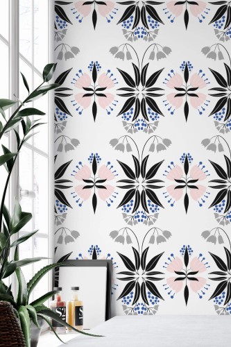 Minimal style home office decorated with Ethnic Scandinavian floral peel and stick wallpaper