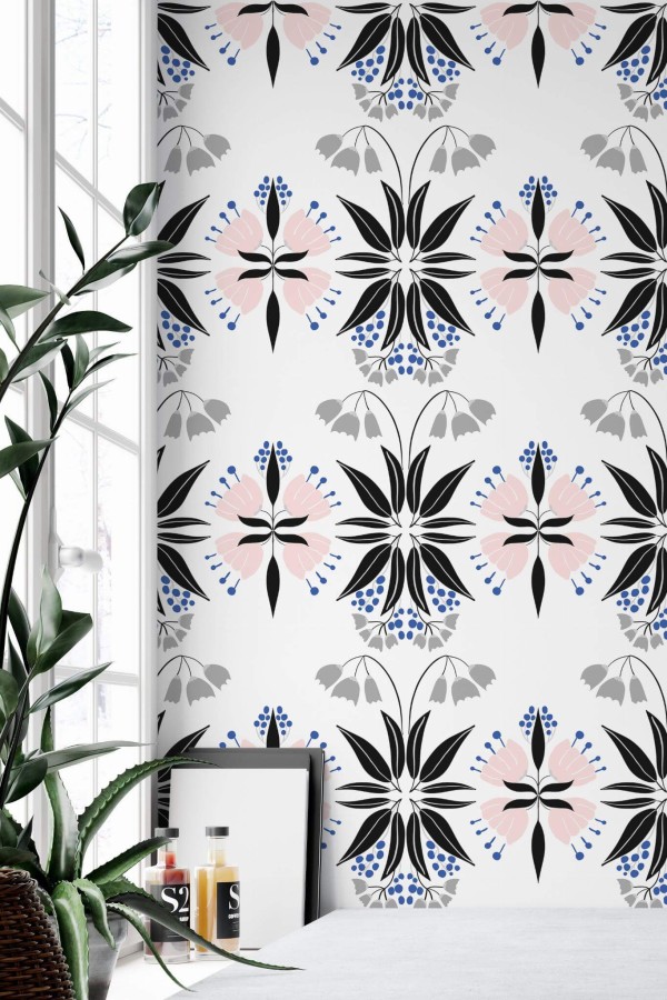 Minimal style home office decorated with Ethnic Scandinavian floral peel and stick wallpaper