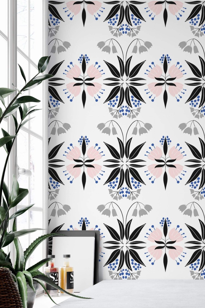 Minimal style home office decorated with Ethnic Scandinavian floral peel and stick wallpaper