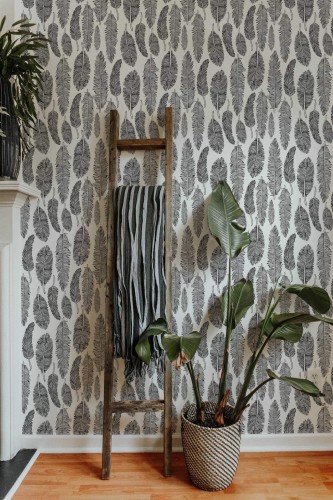 Scandinavian style living room decorated with Feather peel and stick wallpaper