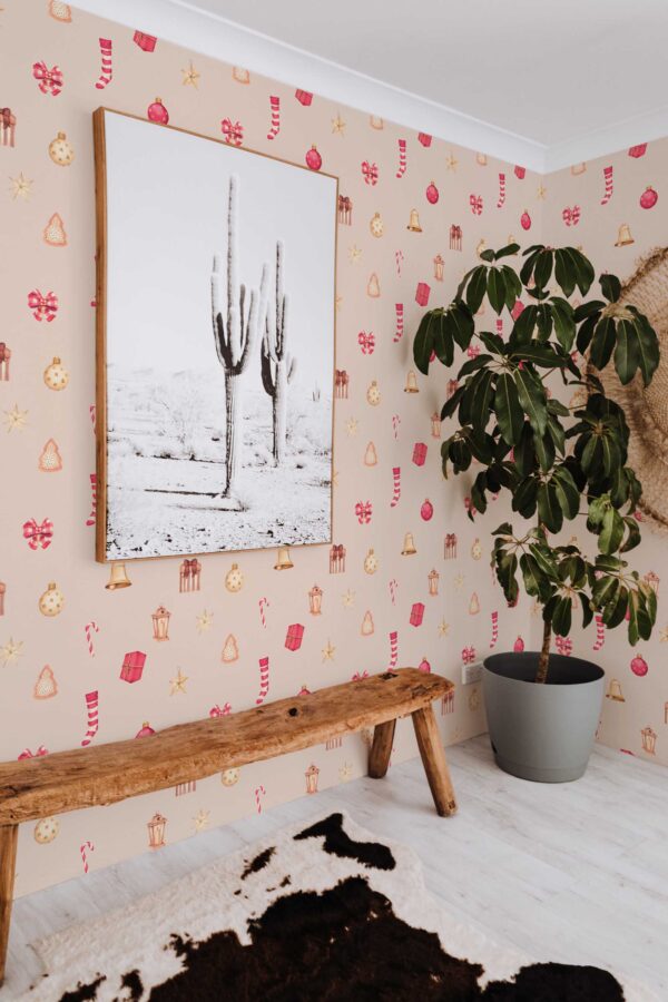 Fancy Walls self-adhesive wallpaper with beige holiday vibes. Cozy Cheer peel and stick or non-pasted bright festive wallpaper