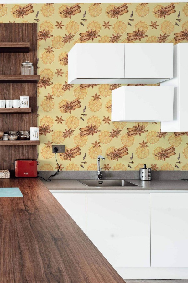 Rustic Scandinavian style kitchen decorated with Festive season peel and stick wallpaper