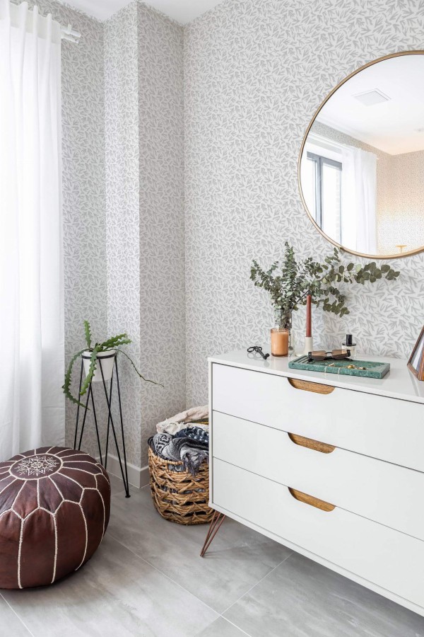 Scandinavian style bedroom decorated with Fir branches peel and stick wallpaper and Mediterranean accents