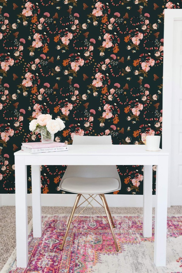 Shabby chic style home office decorated with Floral and snake peel and stick wallpaper