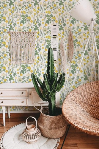 Bohemian style living room decorated with Floral meadow peel and stick wallpaper