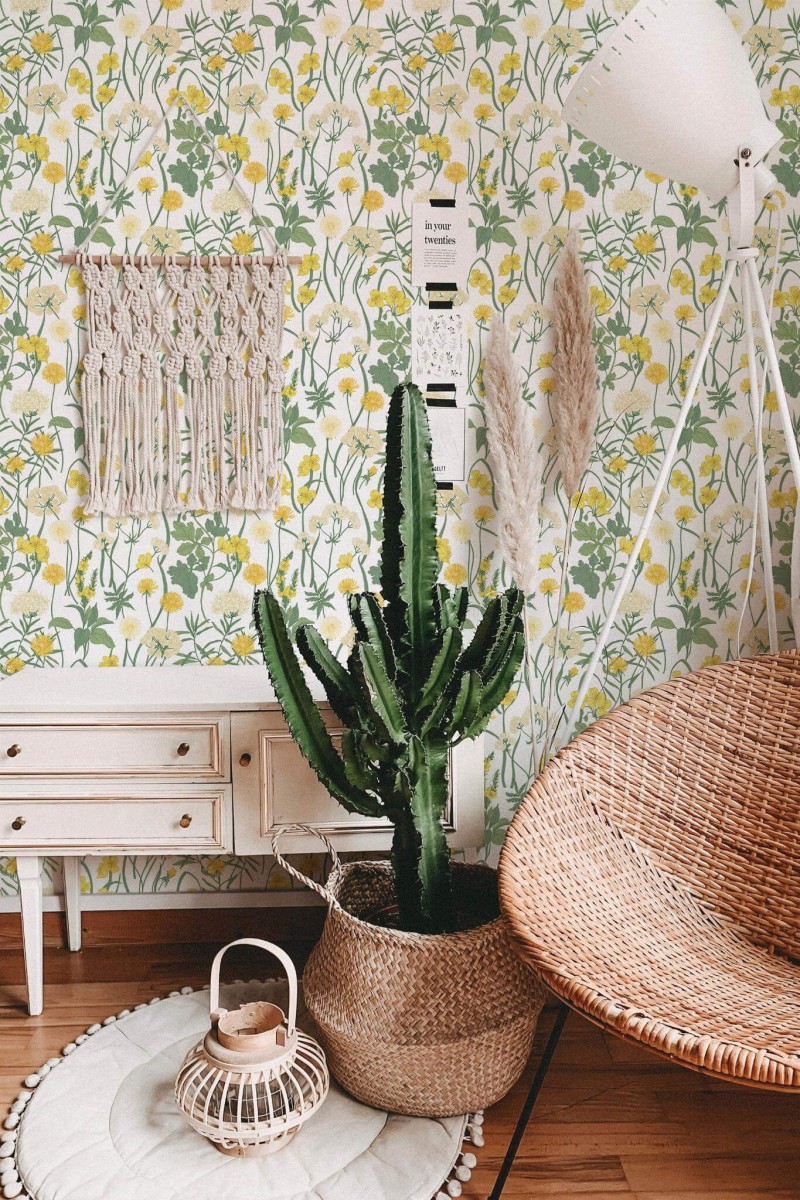 Bohemian style living room decorated with Floral meadow peel and stick wallpaper