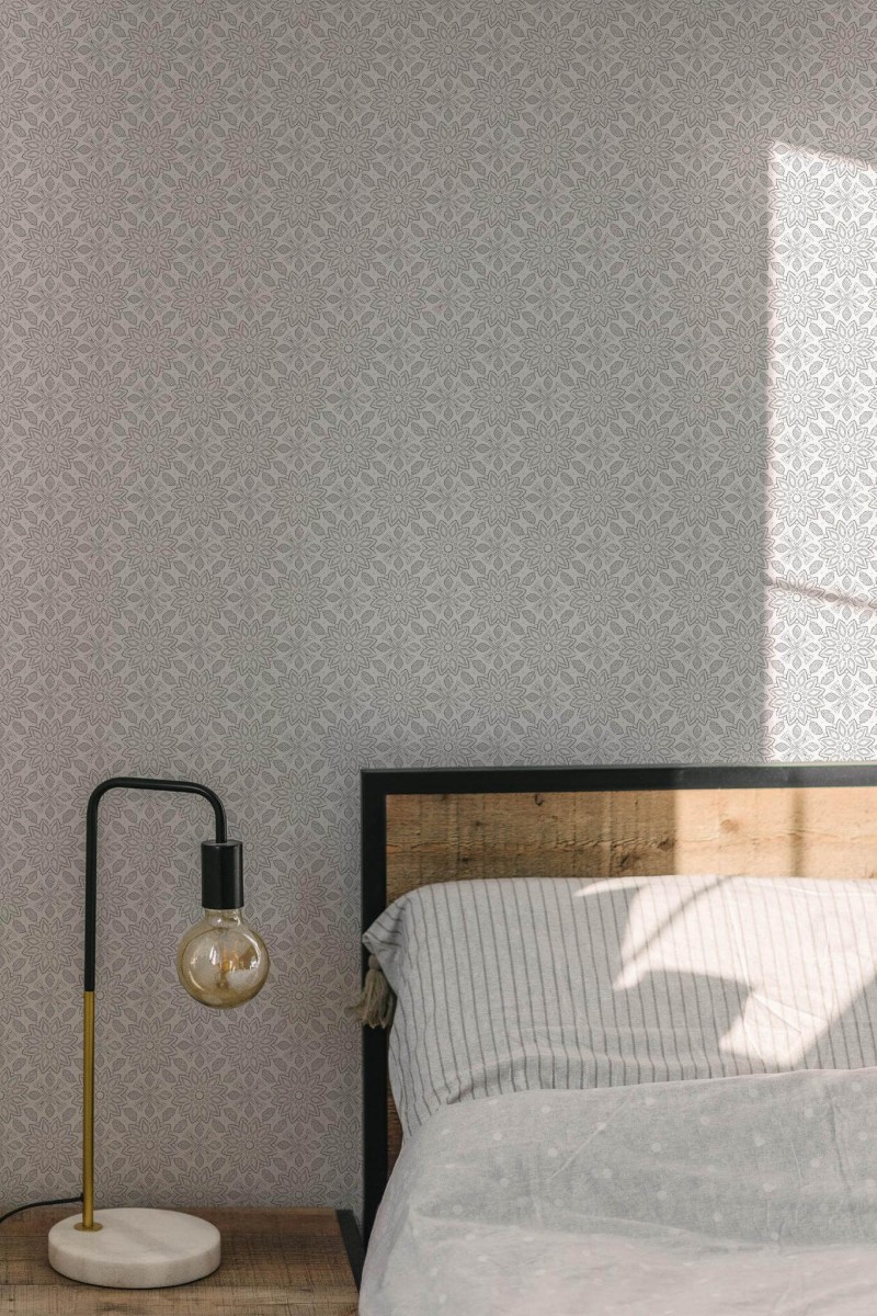 Minimal modern style bedroom decorated with Floral ornamental peel and stick wallpaper