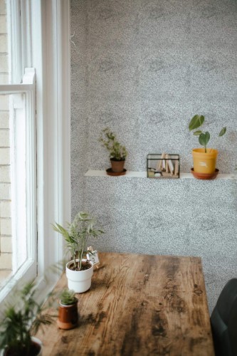 Farmhouse style home office decorated with Fur peel and stick wallpaper