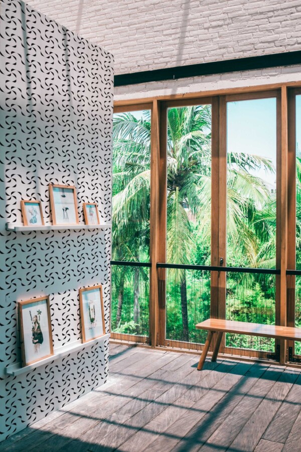 Fancy Walls peel and stick wallpaper with black and white geometric swirl pattern