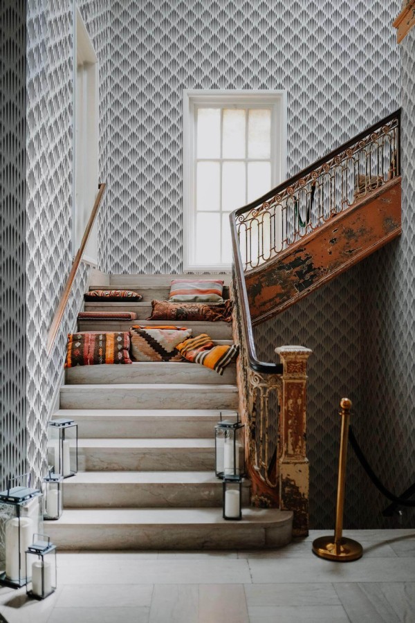 Victorian style hallway decorated with Geometric lines peel and stick wallpaper