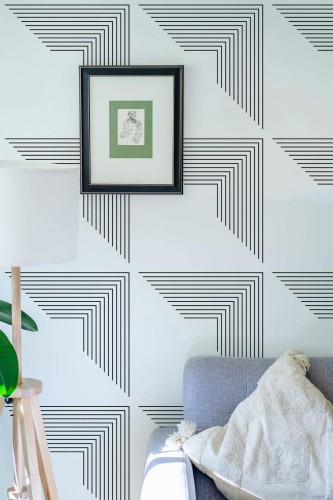 Eastern European style living room decorated with Geometric peel and stick wallpaper