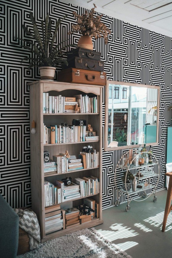 Farmhouse style living room decorated with Geometric retro peel and stick wallpaper