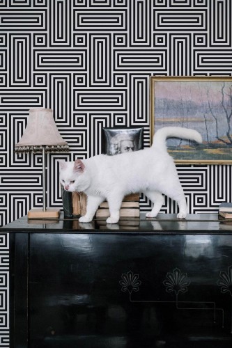 Industrial style music room decorated with Geometric retro peel and stick wallpaper