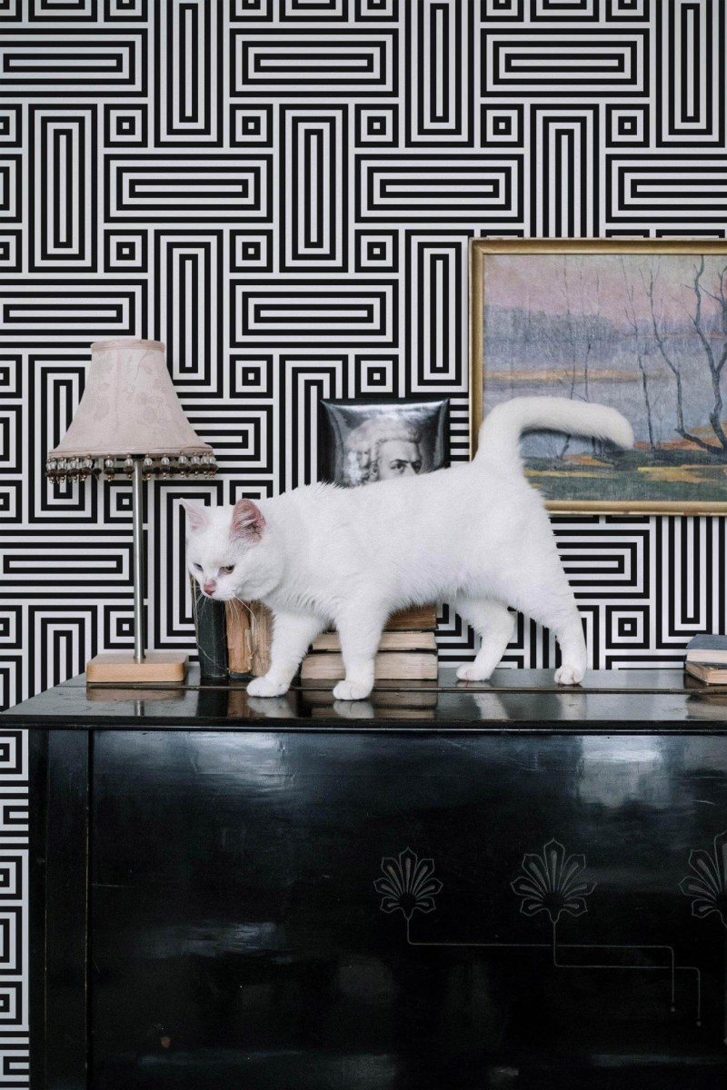 Industrial style music room decorated with Geometric retro peel and stick wallpaper