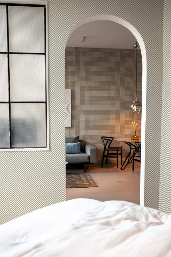 Modern scandinavian style living room decorated with Geometric rhombus peel and stick wallpaper