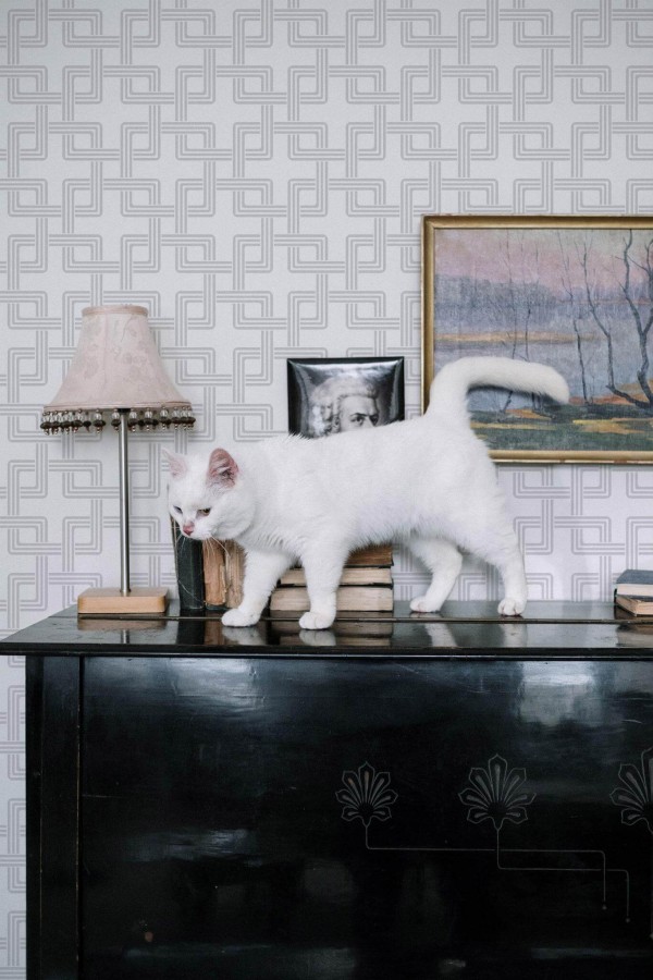 Industrial style music room decorated with Geometric square peel and stick wallpaper