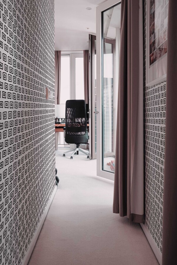 Fancy Walls peel and stick wallpaper in black and white geometric pattern