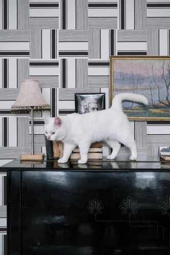 Industrial style music room decorated with Geometric stripes peel and stick wallpaper