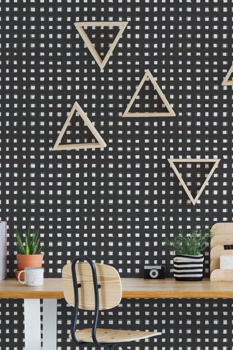 Scandinavian style home office decorated with Gingham peel and stick wallpaper