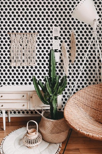 Bohemian style living room decorated with Graphic polka dots peel and stick wallpaper