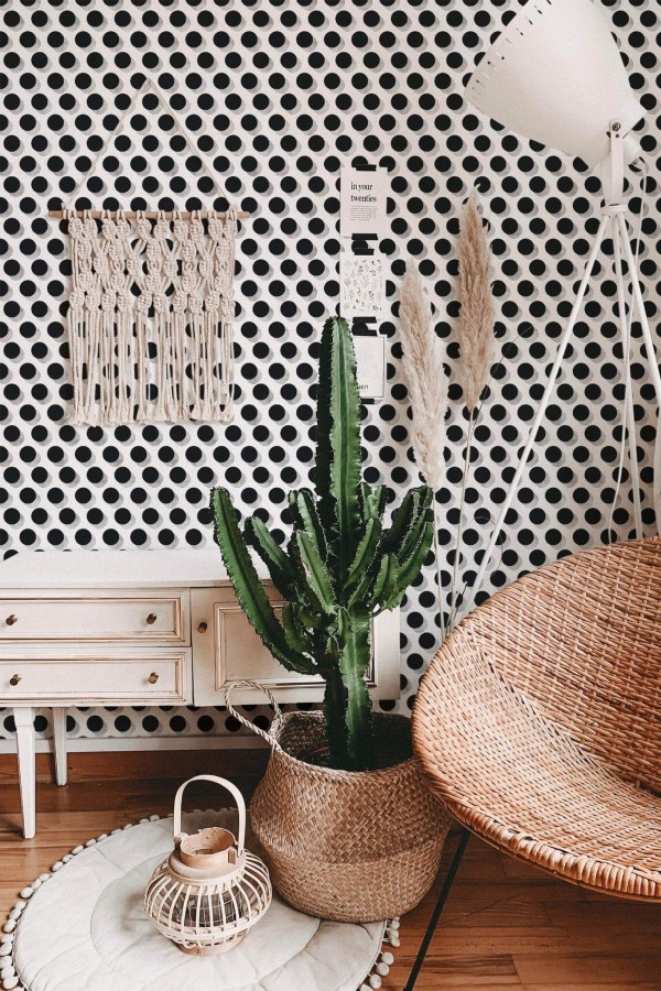 Bohemian style living room decorated with Graphic polka dots peel and stick wallpaper