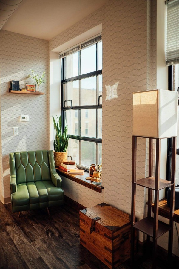 Mid-century style living room decorated with Gray abstract circles peel and stick wallpaper