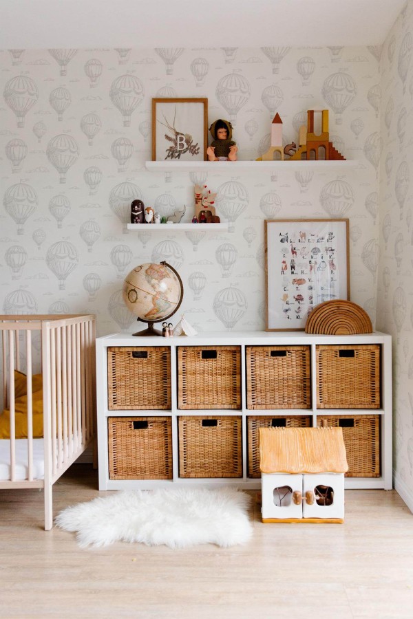 Boho style nursery decorated with Gray and white air balloon peel and stick wallpaper