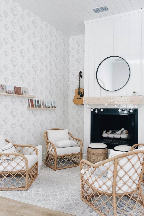 Minimal bohemian style living room decorated with Gray and white air balloon peel and stick wallpaper
