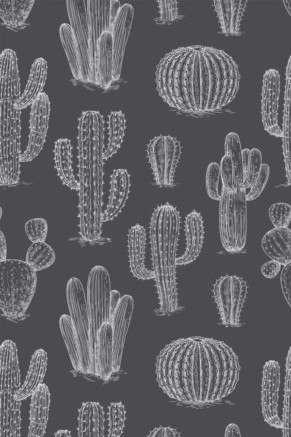 Pattern repeat of Gray and white cactus removable wallpaper design