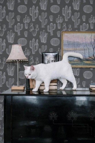 Industrial style music room decorated with Gray and white cactus peel and stick wallpaper