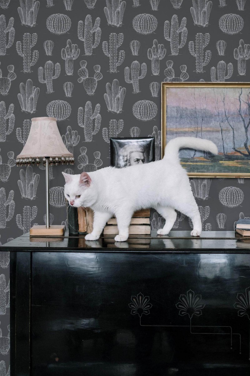 Industrial style music room decorated with Gray and white cactus peel and stick wallpaper