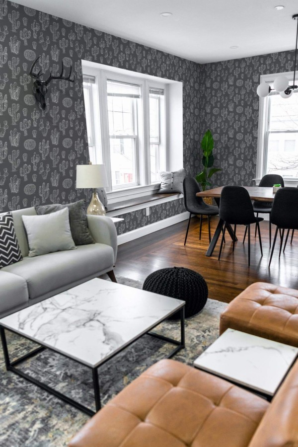 Mid-century modern scandinavian style living dining room decorated with Gray and white cactus peel and stick wallpaper