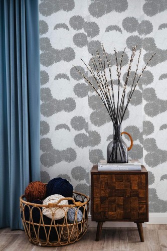 Coastal style living room decorated with Gray and white floral peel and stick wallpaper