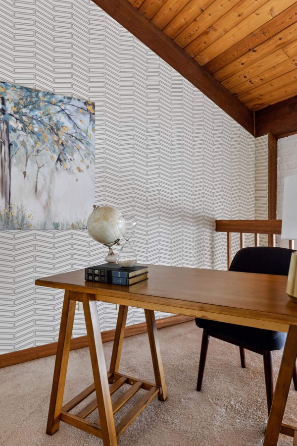 Farmhouse rustic style home office decorated with Gray and white Herringbone peel and stick wallpaper