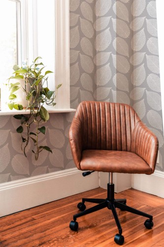 Mid-century modern style living room decorated with Gray and white leaf peel and stick wallpaper