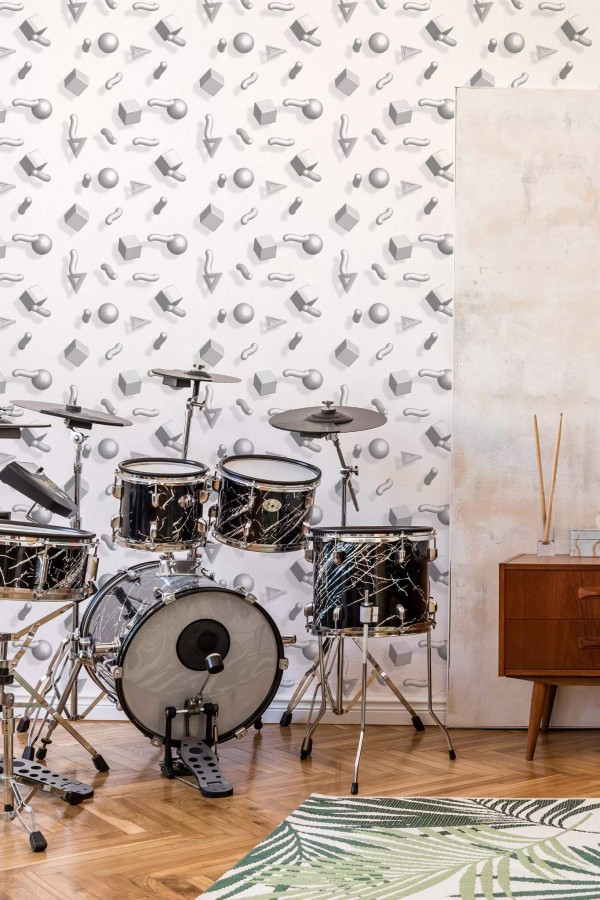 Mid-century style music room decorated with Gray and white memphis peel and stick wallpaper