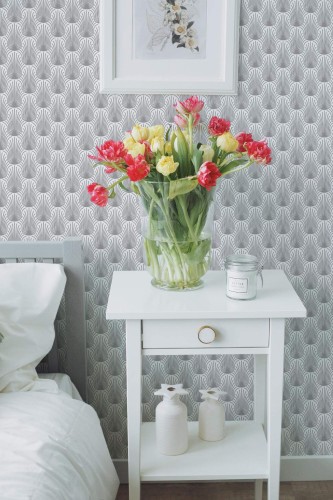 Farmhouse style bedroom decorated with Gray Art deco peel and stick wallpaper