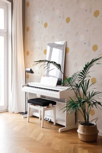 Fancy Walls removable wallpaper in whimsical starburst and balloon print. Beige Celebration peel and stick or non-pasted festive wallpaper for walls