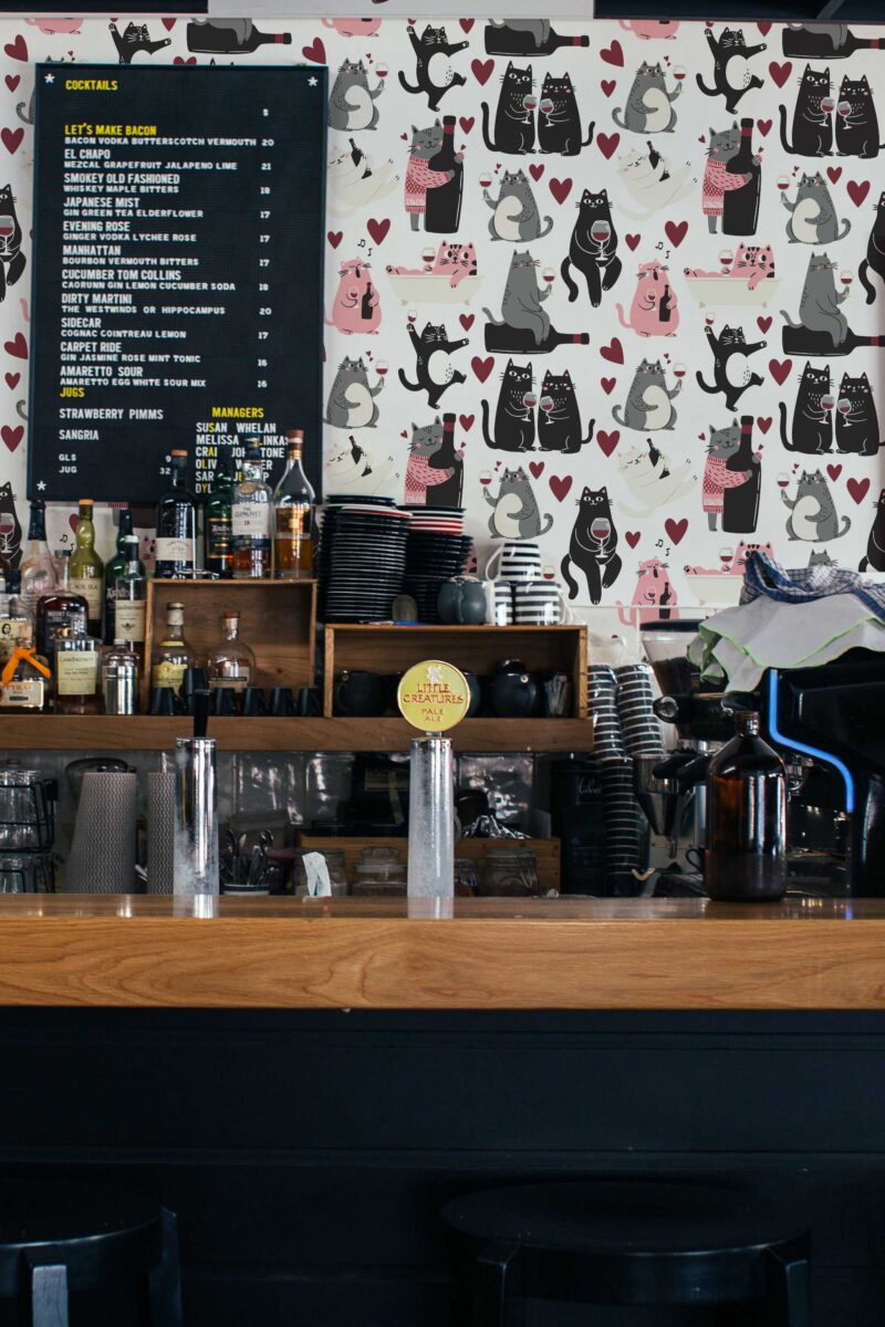 Wine Cats peel and stick or non-pasted wallpapers. Fancy Walls removable self-adhesive or traditional PVC-free and eco-friendly wallpapers for walls with cute cats and wine for kitchen, bar, home bar and other creative spaces