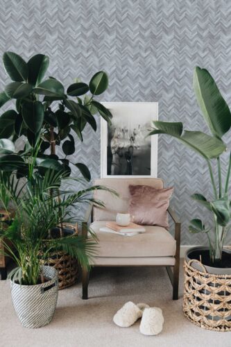 Fancy Walls peel and stick wallpaper with gray herringbone wood texture