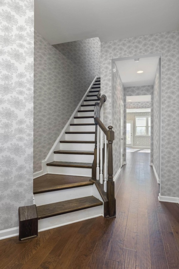 Rustic style hallway decorated with Gray minimalist floral peel and stick wallpaper
