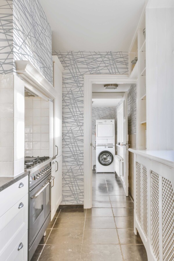 Fancy Walls peel and stick wallpaper with gray overlapping lines