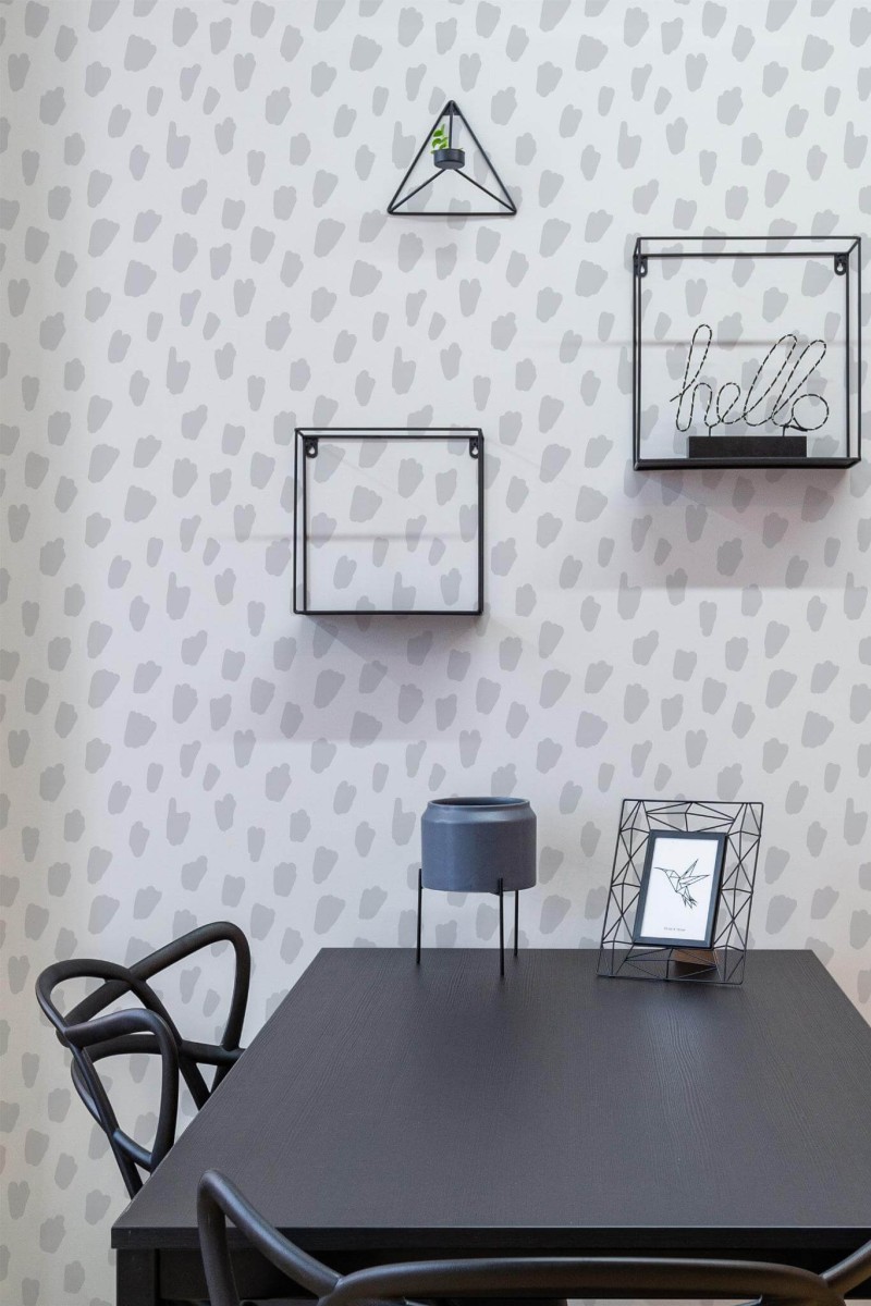 Industrial modern style dining room decorated with Gray spots peel and stick wallpaper