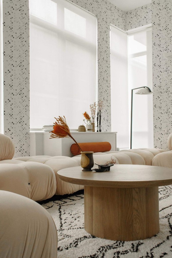 Contemporary style living room decorated with Gray stars peel and stick wallpaper