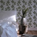 Minimal scandinavian style bedroom decorated with Green and beige leaf peel and stick wallpaper