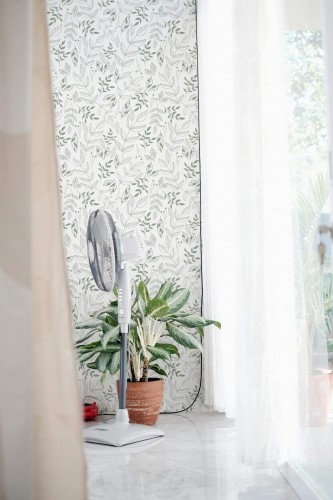 Minimal style living room decorated with Green leaf peel and stick wallpaper